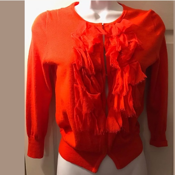 J.CREW Merino 100% Wool Lili Ruffle Chiffon Cardigan Sweater Vibrant Orange Knit - Picture 2 of 10